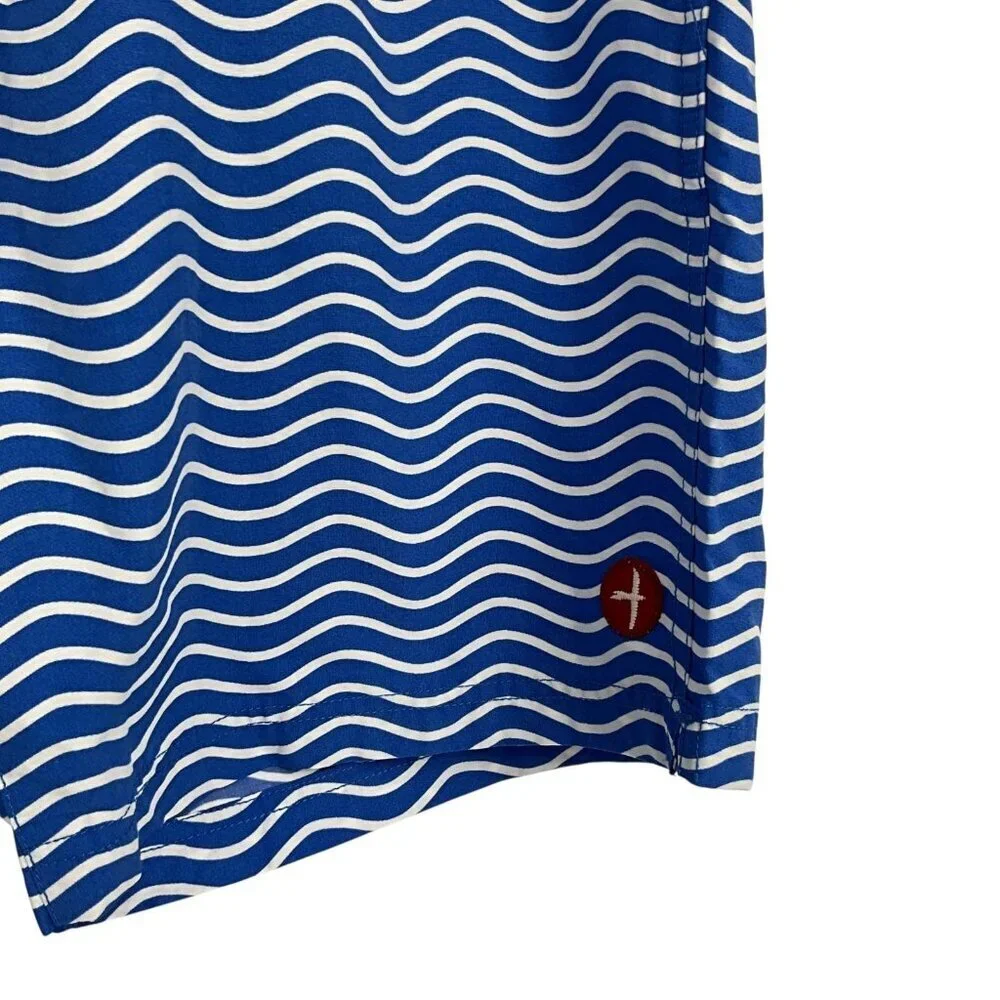 Relwen Swim Trunks Shorts Blue White Wave Size L Mesh Liner Adjustable Waist